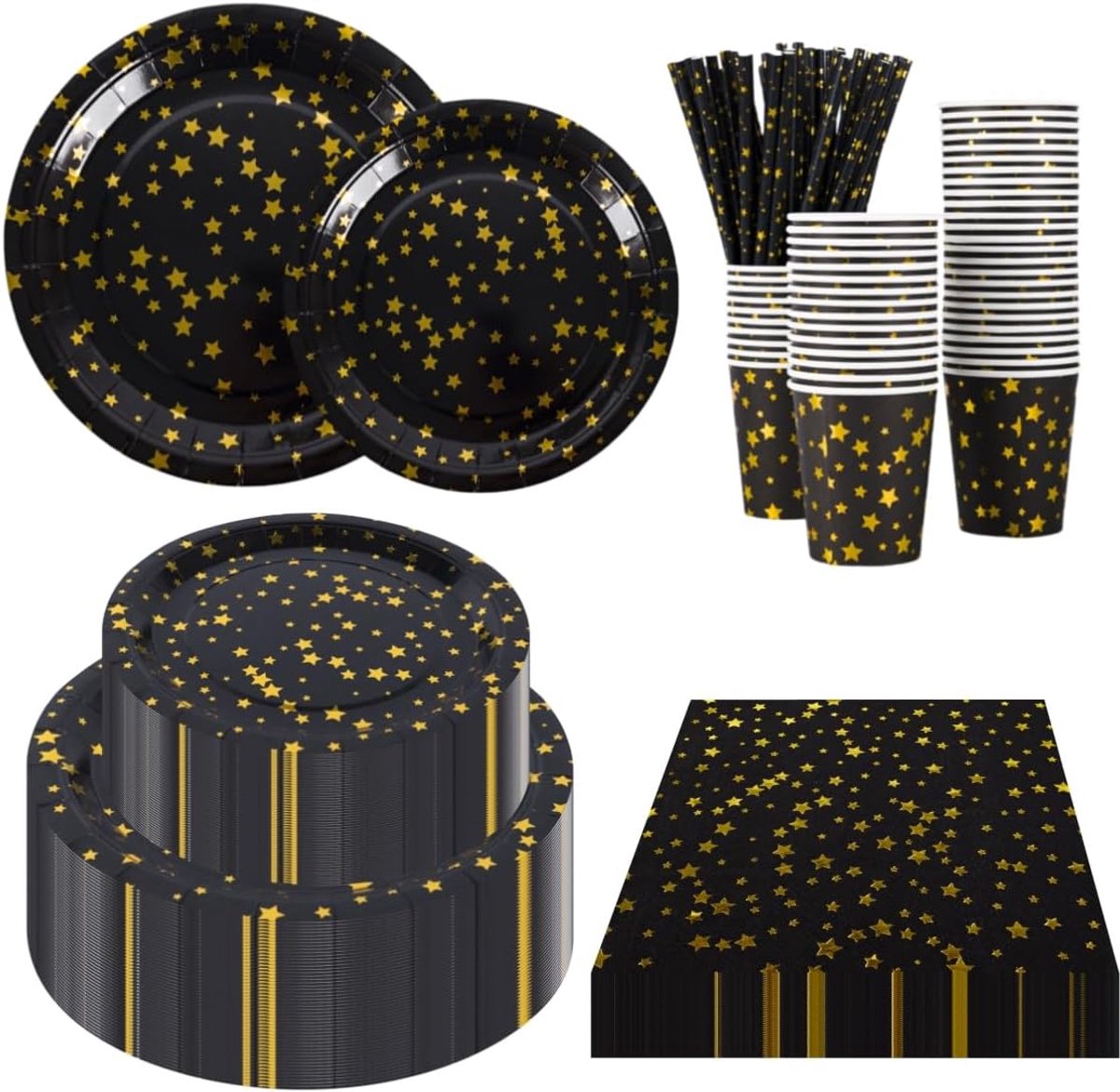 50 Gasten Zwart en Gouden Feestbenodigdheden Set, Zwart Goud Sterren Papier Servies, Wegwerp Party Servies Set - Inclusief 9" Borden, 7" Platen, Servet, Beker, Stro, 250 STKS