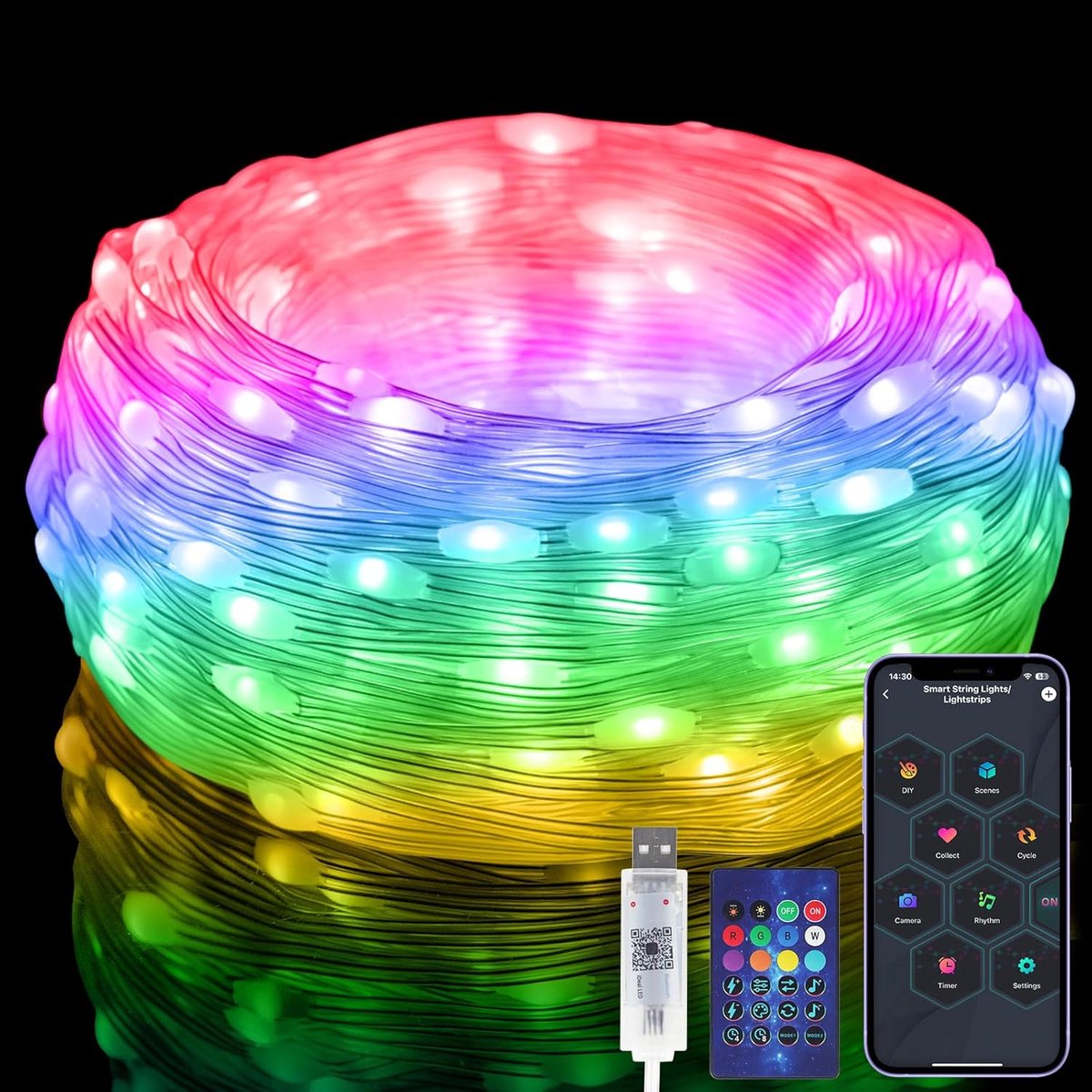 Smart String Lights 5M [APP & Afstandsbediening], 50 LEDs Veelkleurige Fairy Light, USB-Voeding & IP65 Waterdicht, Muziek/Stem Sync, Fairy String Lights voor Kerstmis, Bruiloft, Feest
