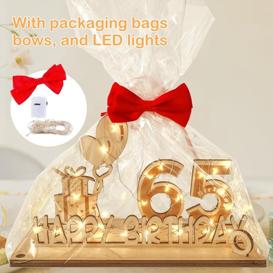 Verjaardagsdecoratie voor mannen en vrouwen, geldgeschenken met led-lichtketting vlinderdas en cadeaupapier, houten bord, gastenboek, 65 jaar, bruiloft, jubileum, tafeldecoratie — afbeelding 2