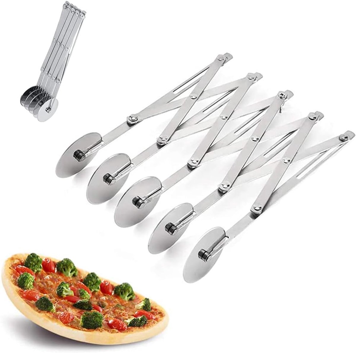 5-wielige deegsnijder, 5 wielen roestvrijstalen snijder, roestvrijstalen deegverdeler, verstelbare pizzasnijder, 5-wielige snijmachine, pizzasnijders met handvat voor het bakken van de keuken, gebak,