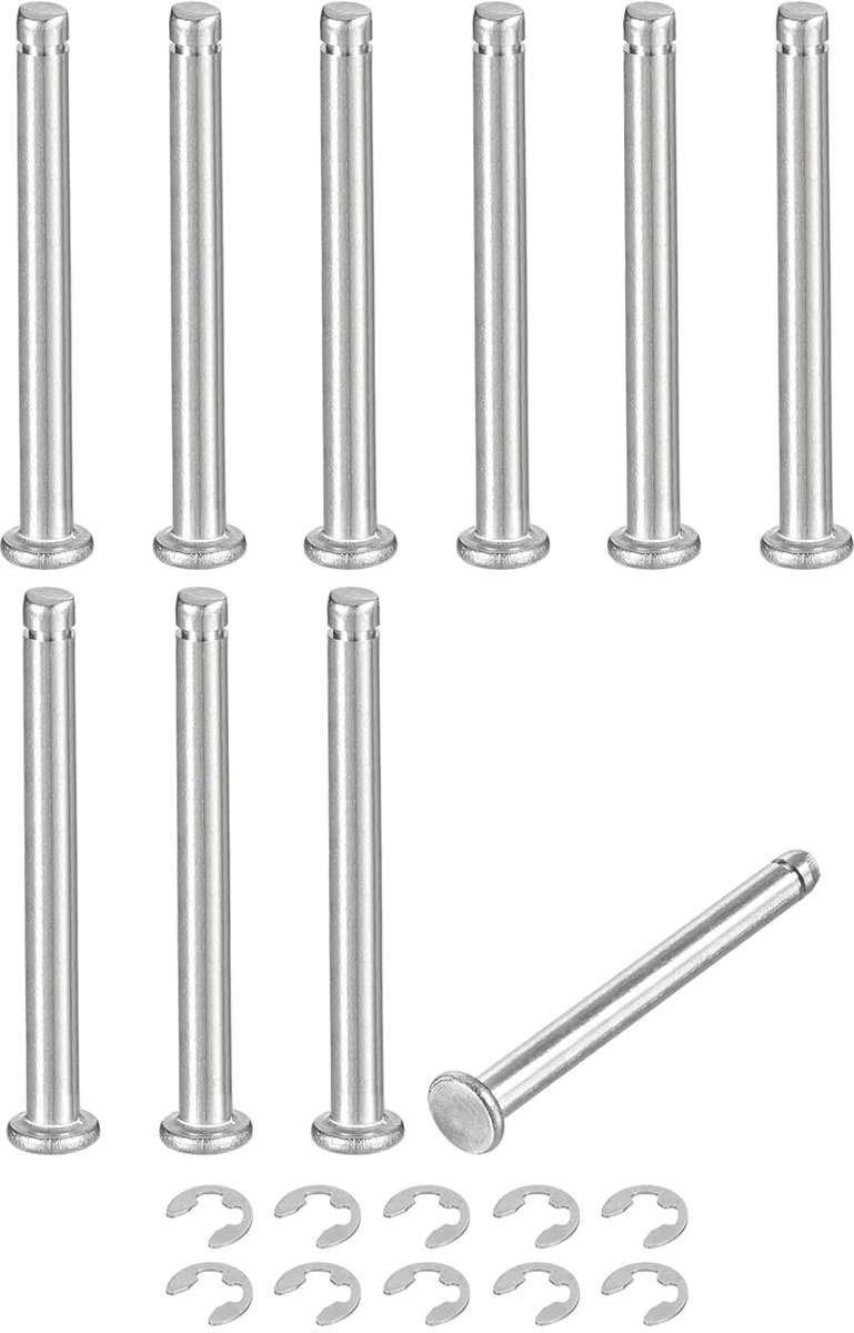 Set van 10 M4 x 40 mm steunpen cilindrische elastische as roestvrij staal 304, stiftpositie cilinder sleuf scharnier platte kop met ring bevestiging clip E, zilver