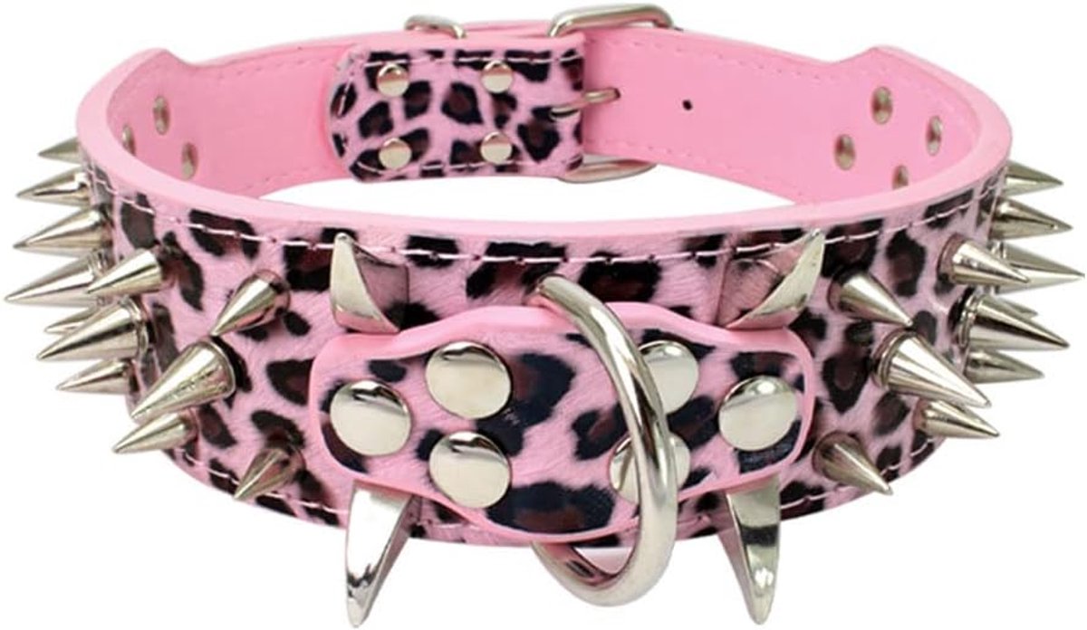 Hondenhalsband van leer, gewatteerd, luxueus, met scherpe klinknagels, voor middelgrote en grote honden, 5 cm breed, anti-beet-M, RDL-PT