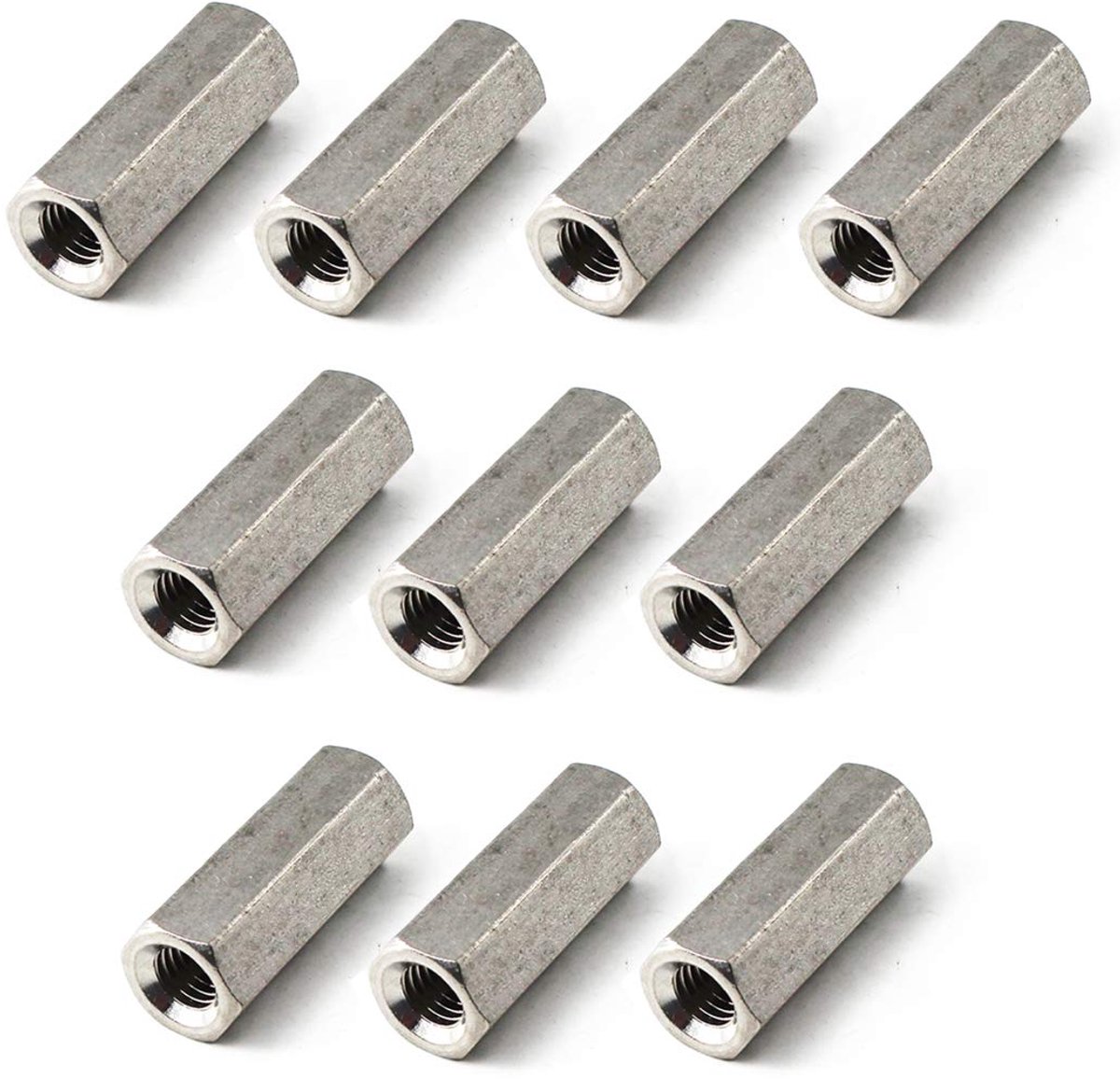 lange zeskantkoppeling moer 304 roestvrij staal ronde staaf koppeling moer (Pack van 10)