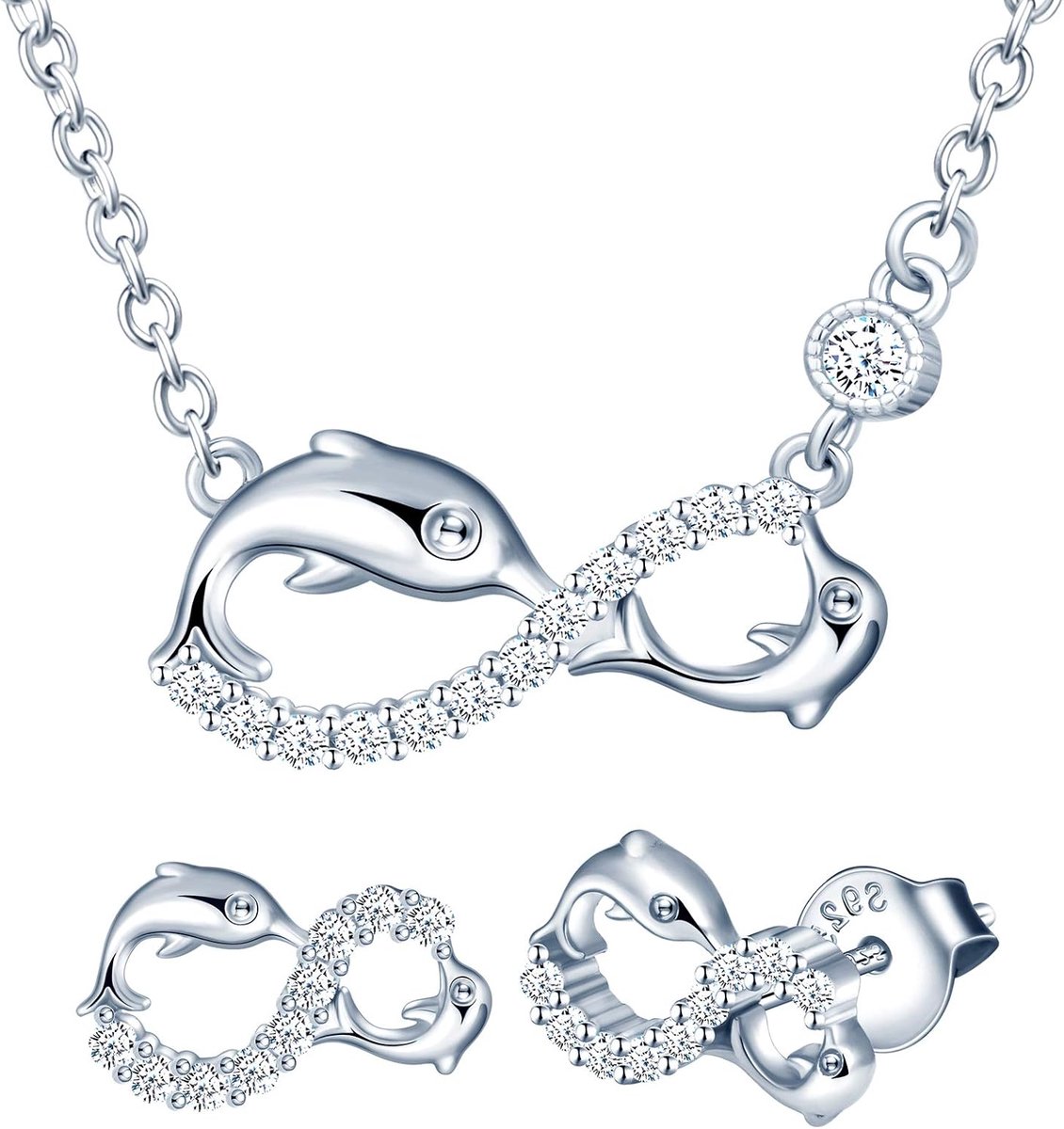 Sieradenset voor dames, halsketting met dolfijn, oneindigheid, liefde, zirkonia, hanger & damesoorstekers, oorbellen van 925 sterling zilver, Sterling zilver, Zirkonia