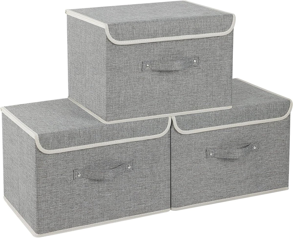 3 stuks opbergmanden voor kleding, opbergdoos met deksel, opvouwbare opbergboxen, dozen van vliesstof met handgreep, voor kledingopberging, 38×25×25 cm, grijs