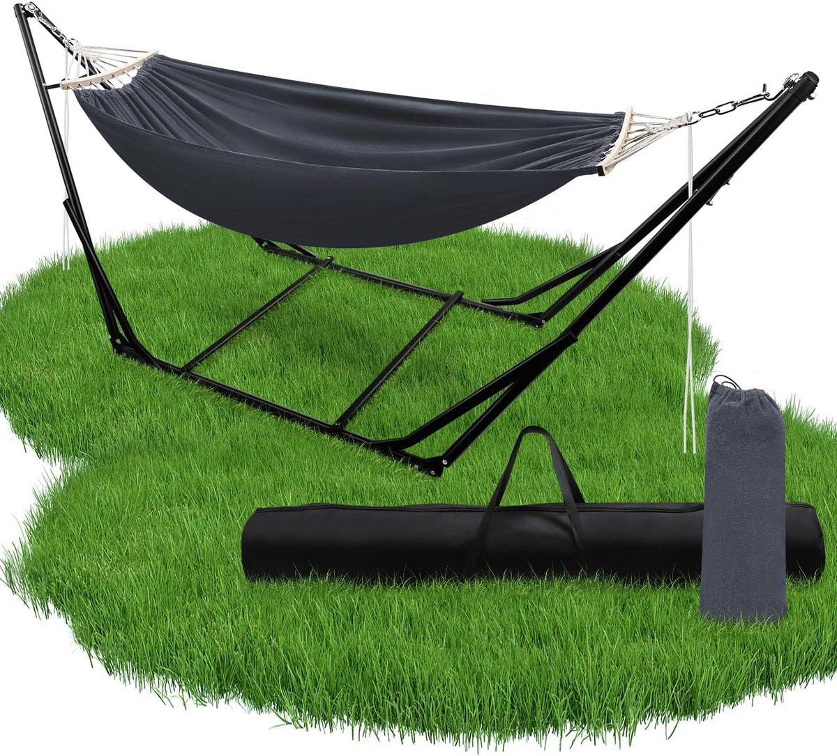 Hangmat met frame, inklapbaar, metalen frame, hangmat met draagtas, metalen frame, tot 150 kg, voor camping, tuin, zwembad, balkon