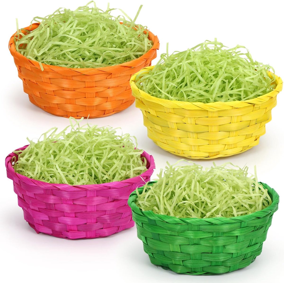 Paasmandjes met decoratief gras, 4 stuks paasmand om te vullen, kleurrijke knutselmanden, 19 x 8,5 cm, 100 g, groen paasgras, paasnesten, manden, voor kinderen, paaseieren, decoratie