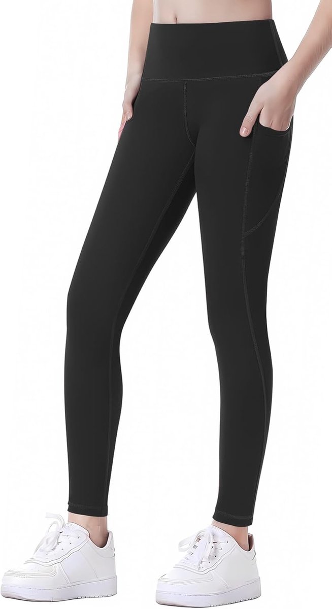 Meisjessportlegging, lange yogabroek met 2 zakken, effen, nauwe joggingbroek, loopbroek, sportbroek, trainingsbroek, 120-160 cm