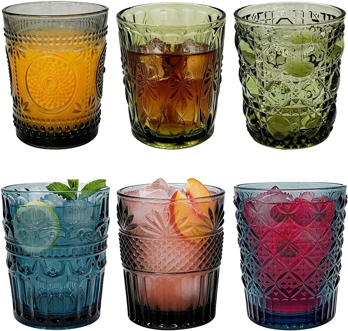 6 stuks Kleurrijke Glazen Vintage Drinkglazen Waterglazen 320ml Set Modern Geometrisch Ontwerp Blauw Groen Grijs Stapelbaar voor Cadeau Cocktails Sap Kantoor