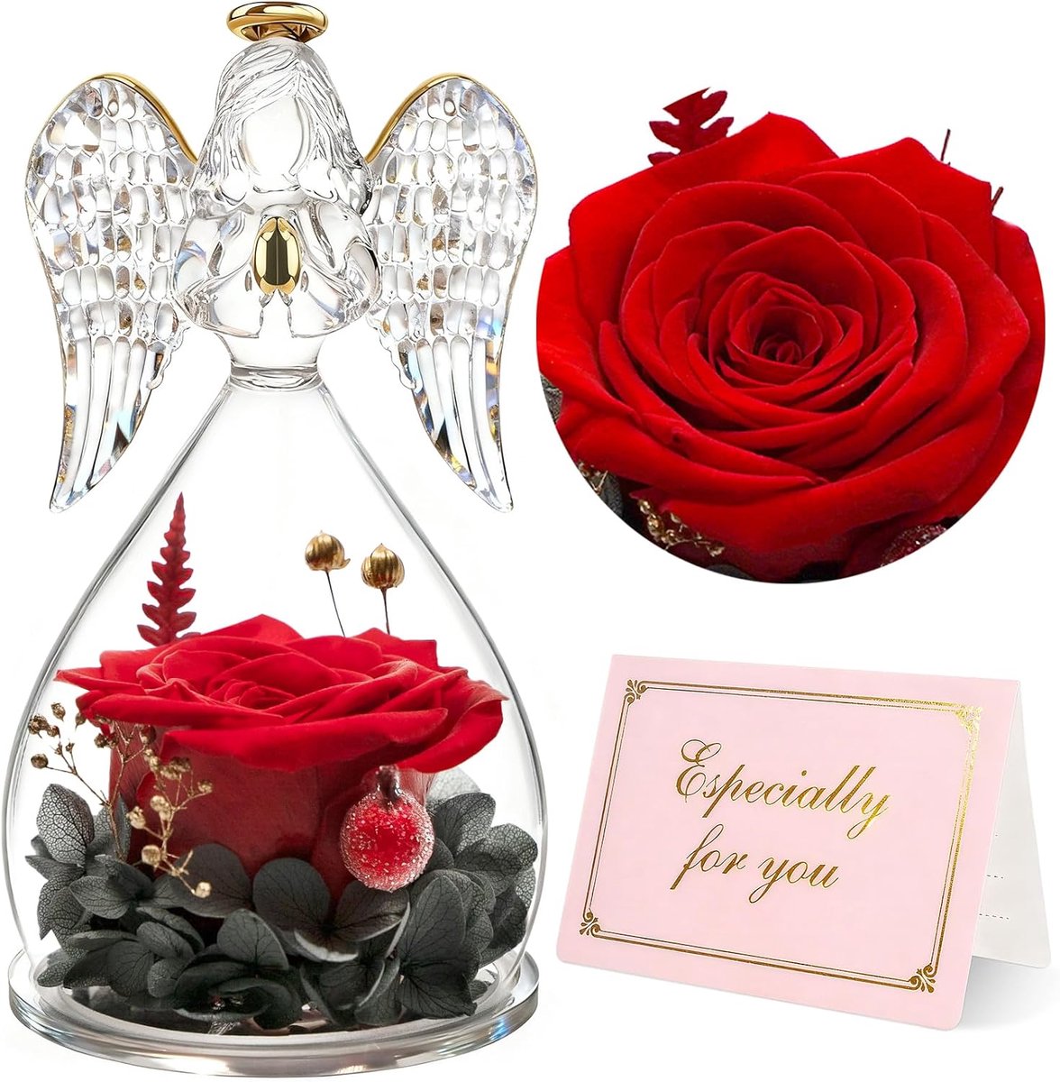 Eeuwige roos cadeau voor dames, gestabiliseerde roos met glazen engel cadeau moeder verjaardag beschermengel geschenken oma figuur engel met eeuwige bloemen Moederdag ideeën kerstcadeaus