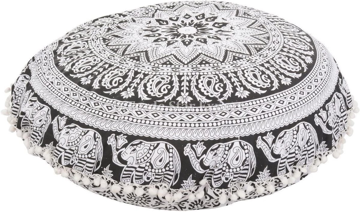 rond bedrukt mandala-vloerkussen, Indiase poef, pompon buiten, boho-kussen schijnt, huisdierbeddengoed, decoratieve kussenslopen 81,3 cm (invoegen met vuller)