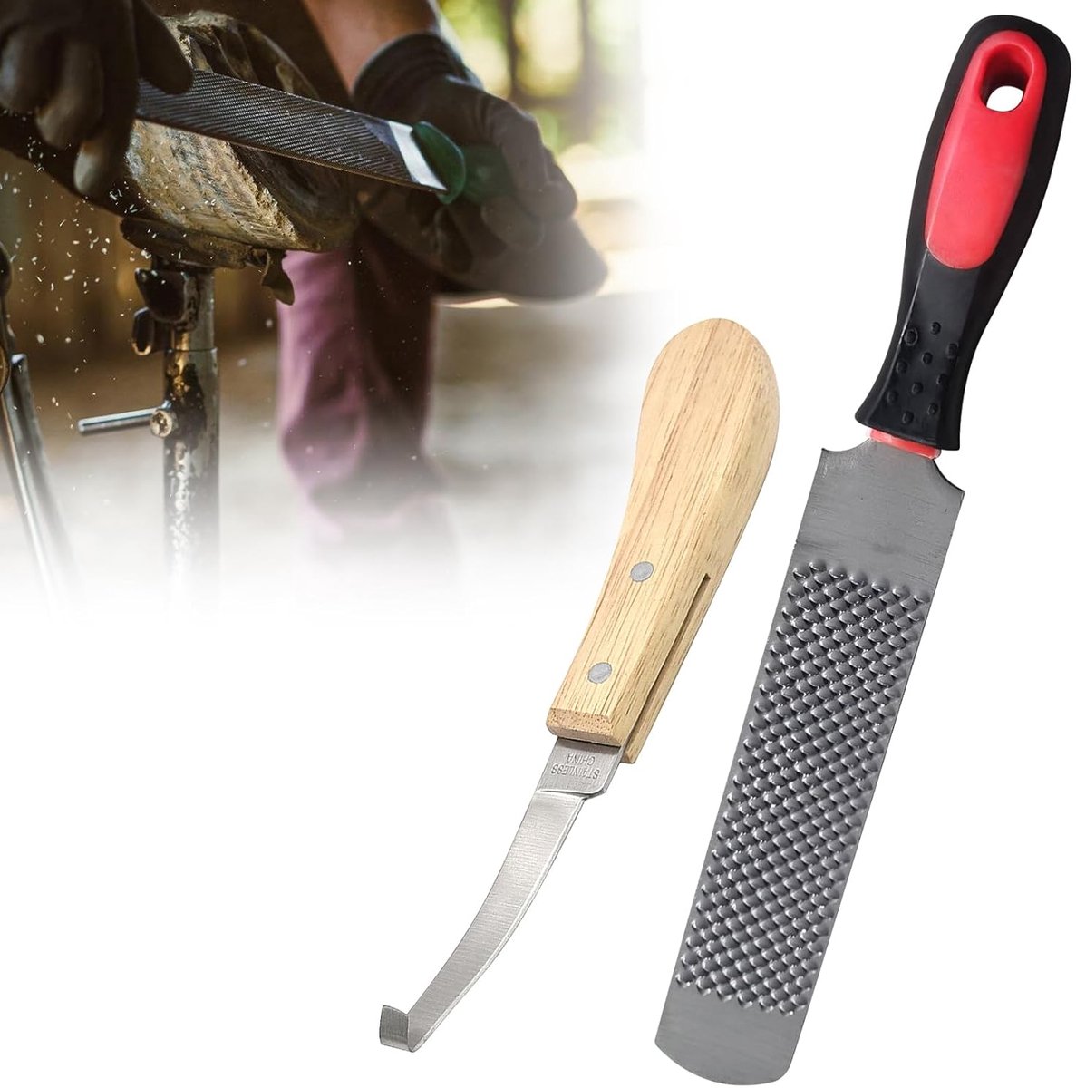 Huefrasp voor paarden, 8 inch, hoefijzervijl van koolstofstaal, dubbelzijdig hoefmes, hoefsnijgereedschap met handvat, paardenhoefvijl, ruitersport, hoeftrim gereedschap voor paard, dier,