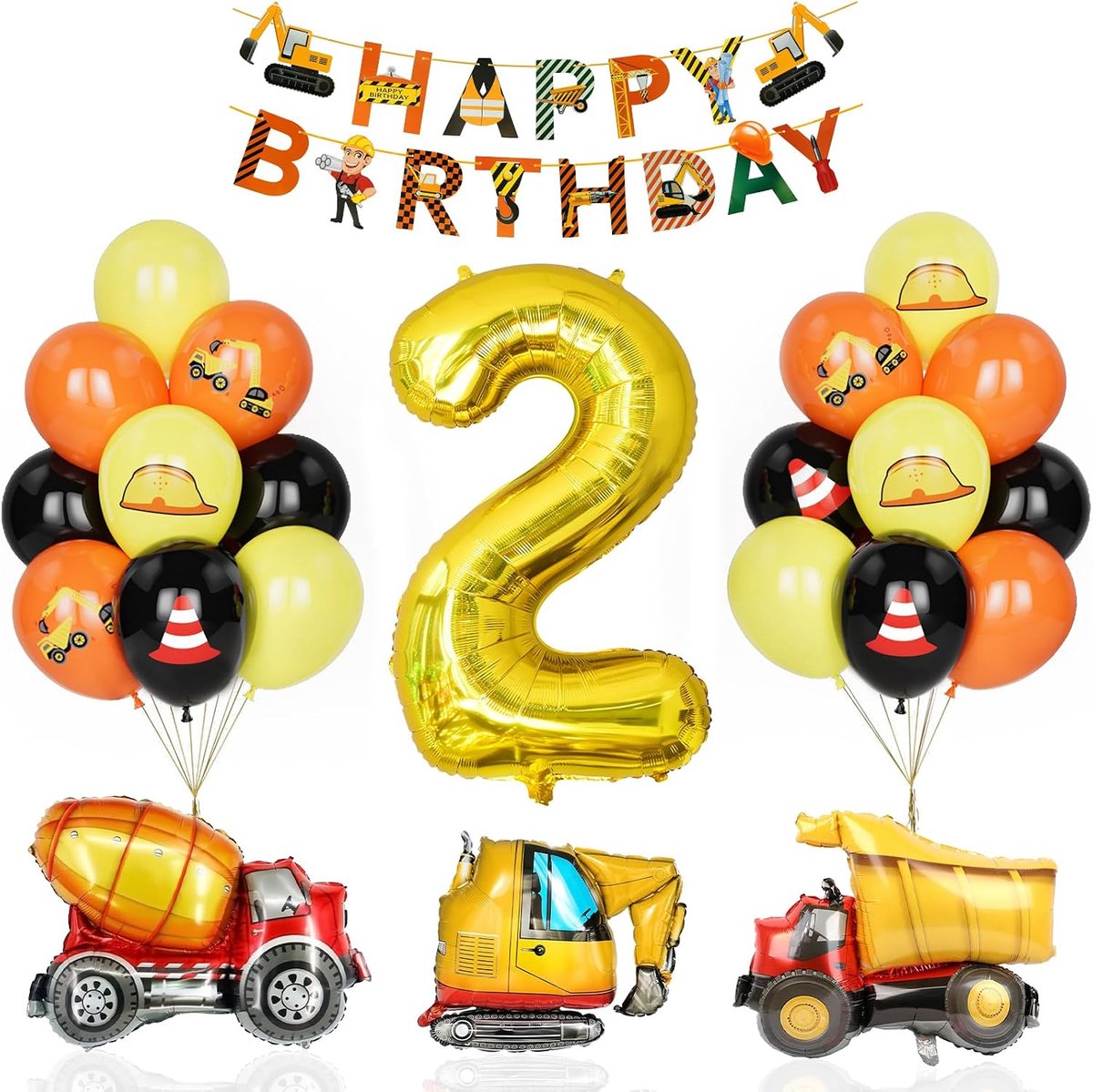 decoratie voor kinderen, feest, verjaardag, ballonnen nummer 2, voertuigplaats, cementbouw, ballonnen met cijfers, goud, Happy Birthday, feestaccessoires