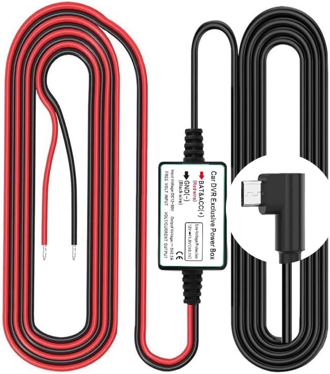 Dash Cam Hardwire Kit, Micro USB L-connectorpoort, Laagspanningsbeveiliging voor Dash Cam-camera's, DC 12V - 24V naar 5V/2.5A Max Autoladerkabelset met zekering