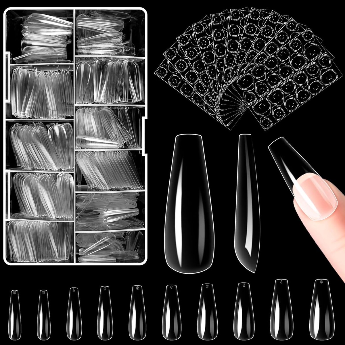 Ballerina Nageltips, 500 stuks Volledige Dekking Nagelpunten Met 240 stuks Gel Nagels Stickers, 10 Maten Half Matte Transparante Kunstnagels Voor Salon DIY Nagel Extensies