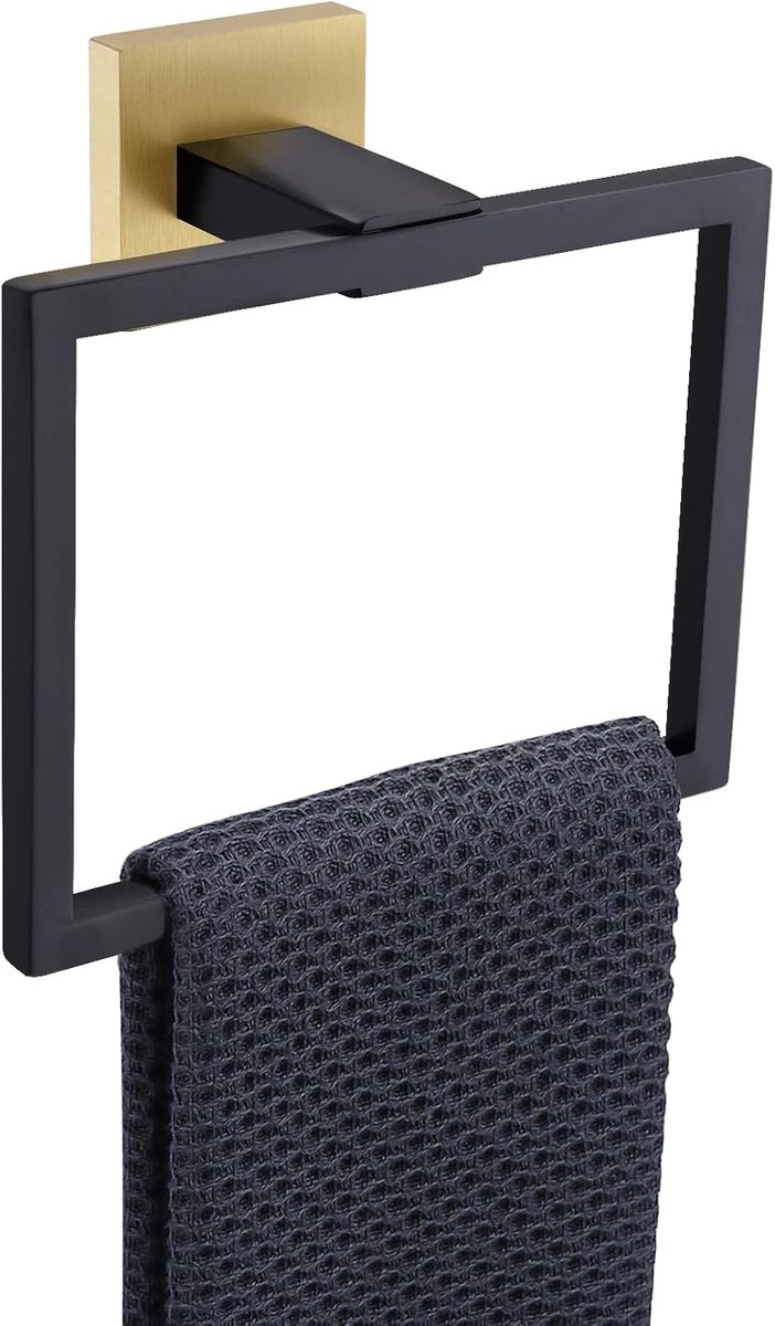 Handdoekenrail mat zwart + geborsteld goud handdoekring SUS 304 roestvrij staal wandmontage badkamer, modern vierkant design (zwart+geborsteld goud)