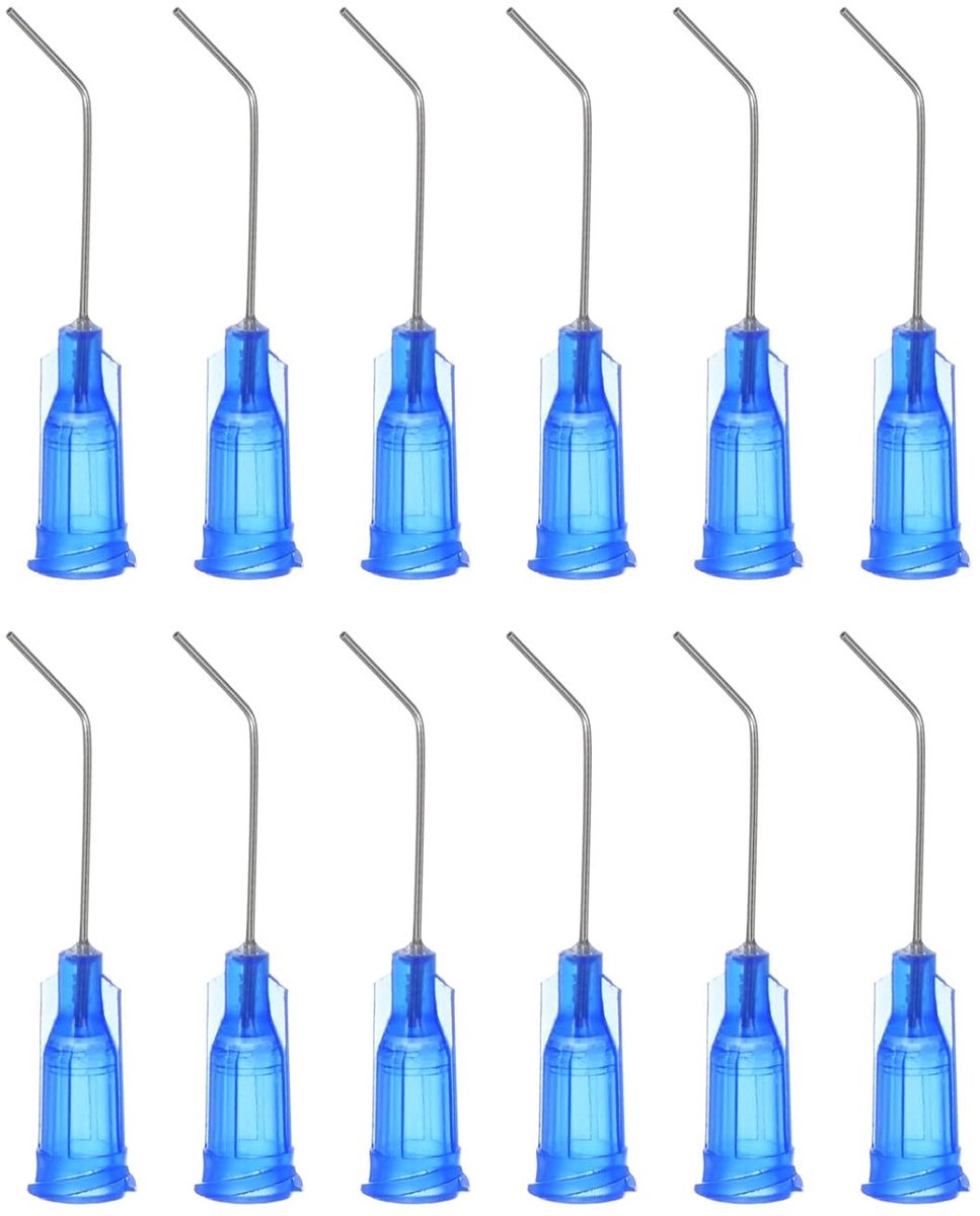 Doseernaalden, 22 gauge, 45° gebogen doseertips, 1 inch uiteinde gebogen dispensernaald met Luer ellebogen, stompe naald voor olie of lijm, applicator, blauw