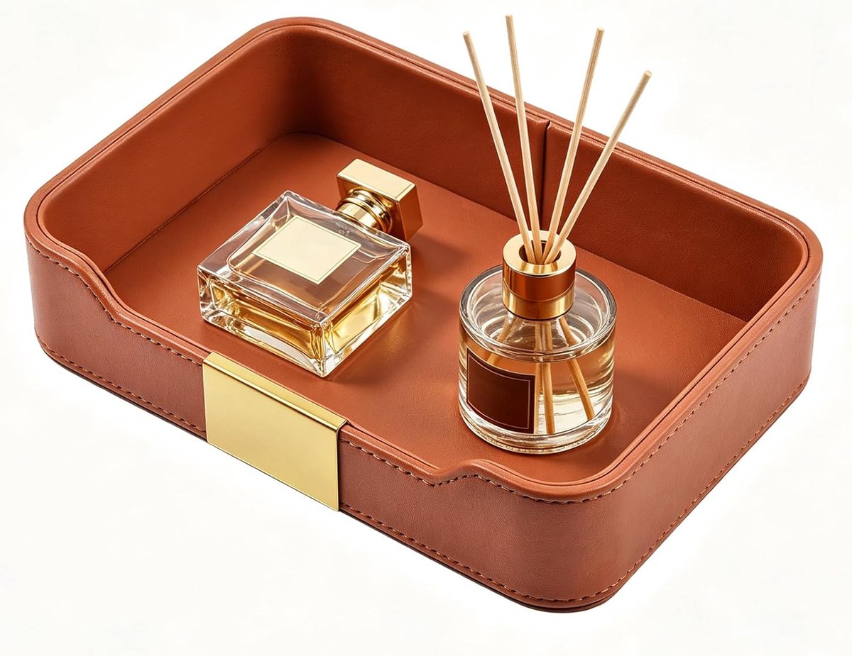 lederen dienblad, bureauopslag, catchall, organisatie, decoratief, dienblad, voor sieraden, horloges, cosmetica, sleutels, telefoon, portemonnee (oranje, 60 cm L x 30 cm B x 4,57 cm H)