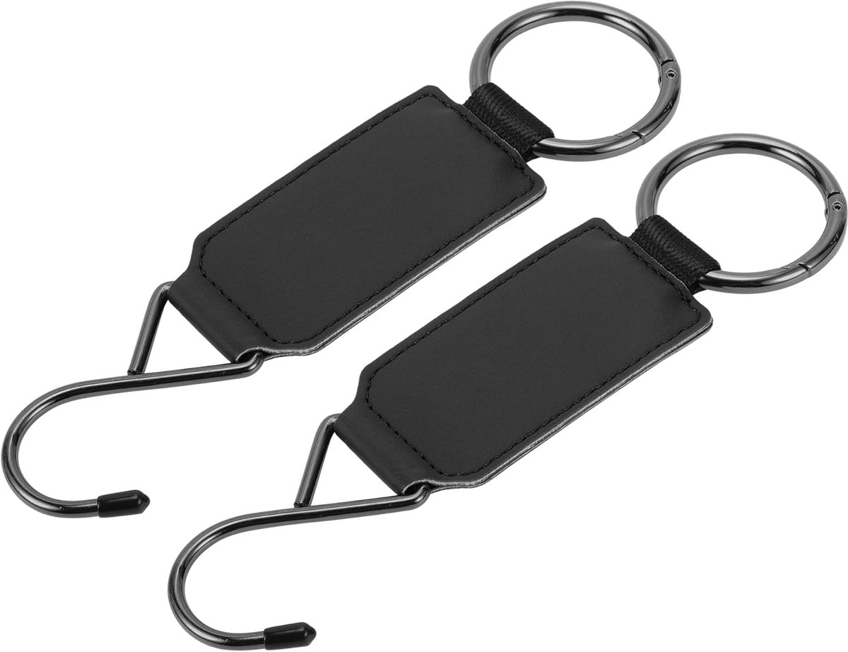 2 stuks universele autohoofdsteunhaken voor de meeste auto's, SUV's, vrachtwagens, autoachterbank, organizer, haken, robuust kunstleer, metaal, zwart, 18 x 4 cm