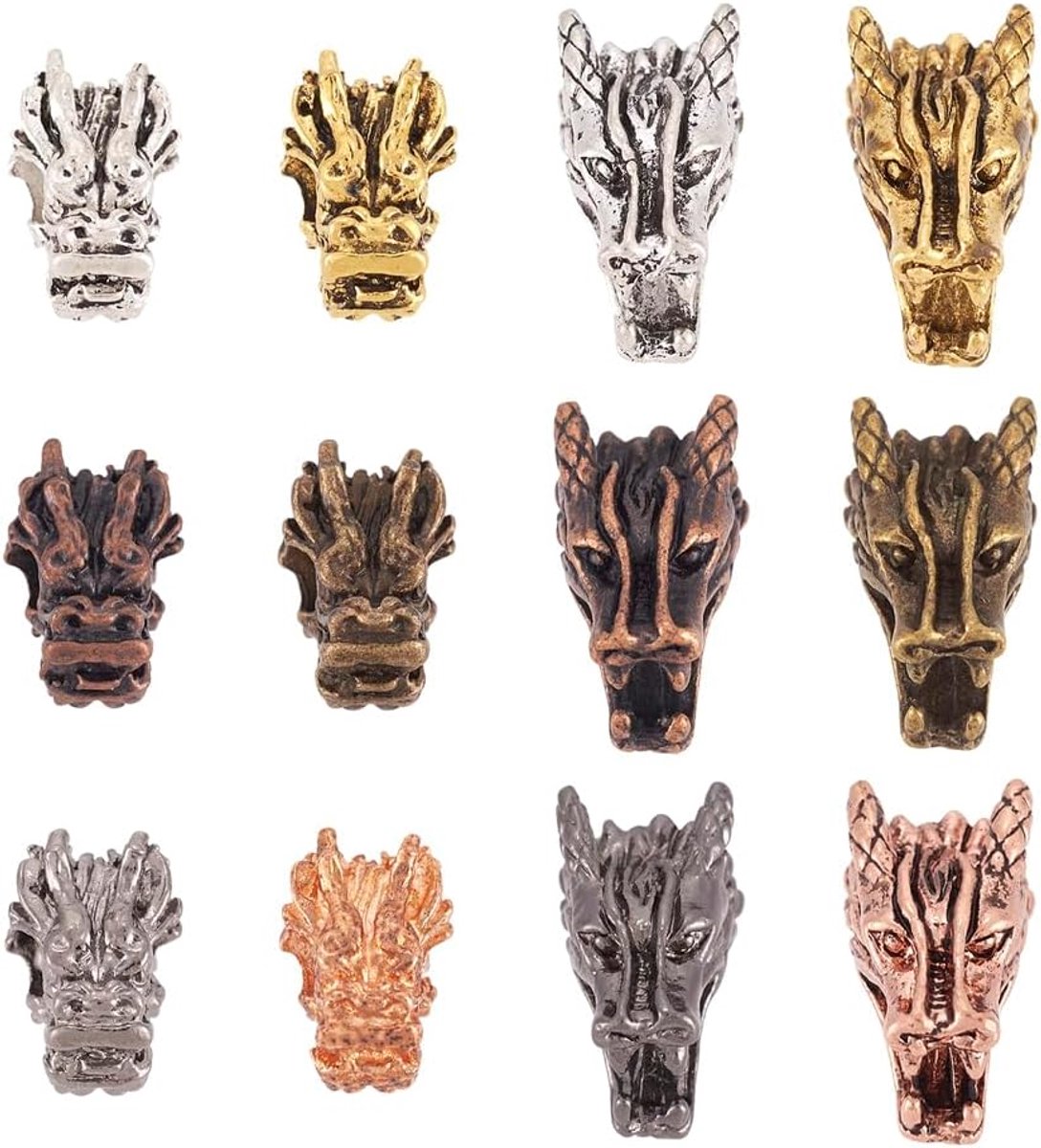 24 stuks Tibetaanse drakenhoofden spacer kralen legering metalen draak hoofd dier spacer losse kralen voor doe-het-zelf sieraden armband maken (6 kleuren, 2 stijlen)