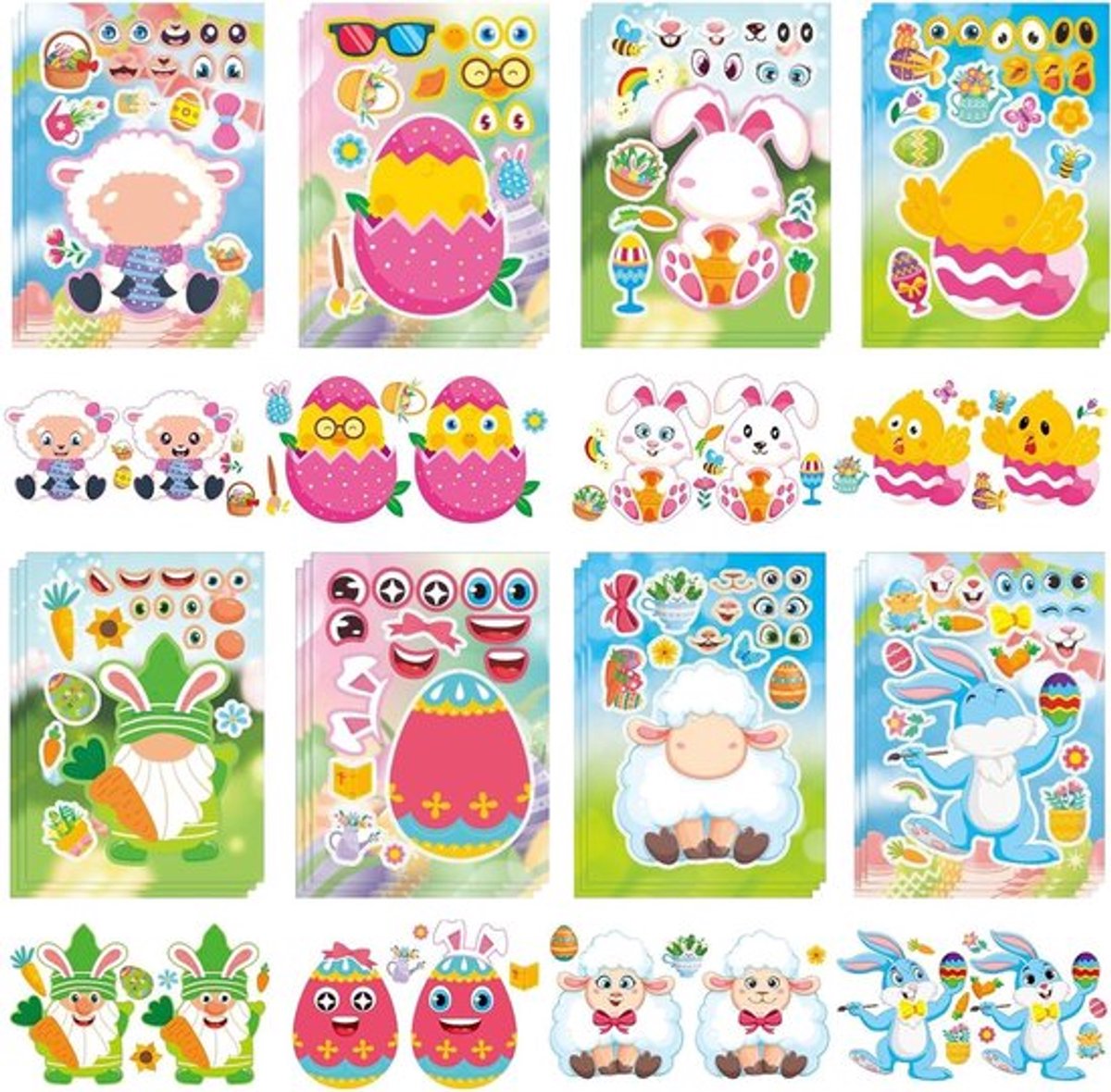 24 Stuks Paasstickers in 8 Stijlen voor Feestjes - Paaseieren, Paashaas, Kippen en Schapen - Creatieve DIY Knutseldecoratie voor Kinderen en Paasfeest