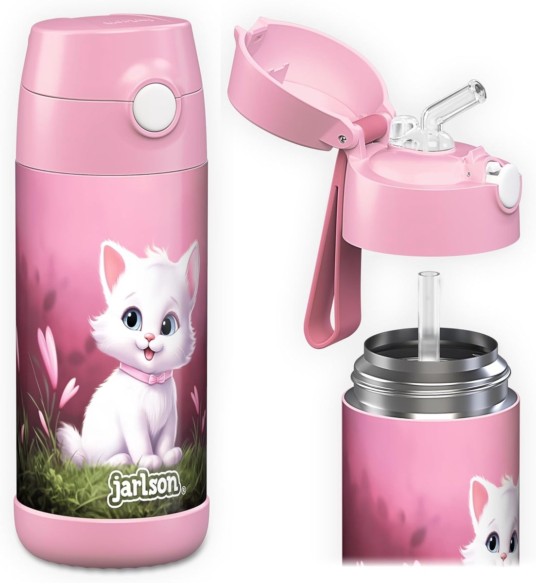 SnelShoppen - RVS Kinderdopfles met Rietje, 350 ml, Thermosfles, Lekvrij, BPA-vrij, Veilig en Gezond, School, Kindergarten, Sport, Cat 2.0, Kinderen,
