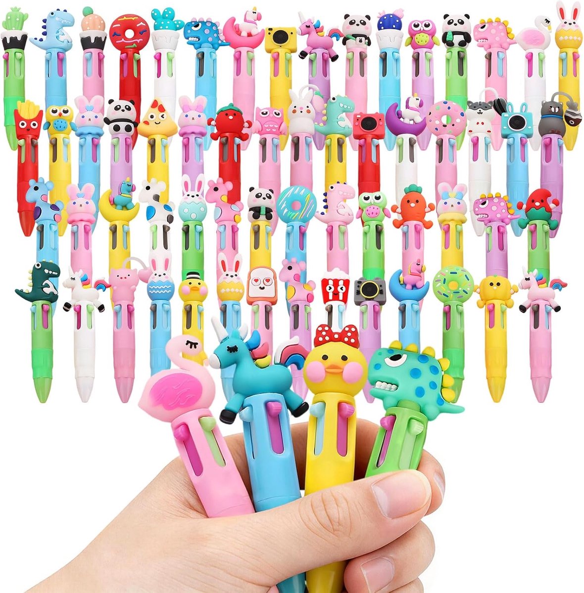 SnelShoppen - Cartoon Pennen voor Kids, 64 Stuks, 4-in-1 Kleurrijke Balpen Set met Schattige Ontwerpen voor Feestjes, School en Cadeaus