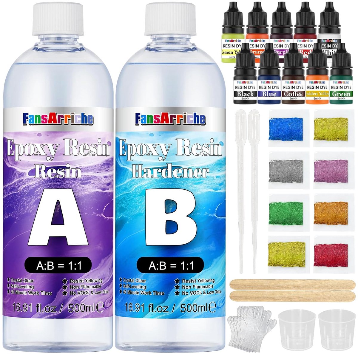 SnelShoppen - 1000 ml Epoxyhars Set met Kleurige Glitters, Houten Stokken, Handschoenen en Maatbeker voor Kunstprojecten, Sieraden Maken en Creatieve