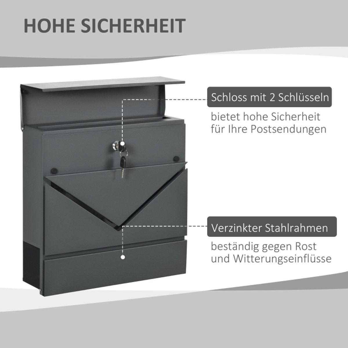 COVREO Wandbriefkast 37 x 10,5 x 37 cm - staal, antracietgrijs, met slot