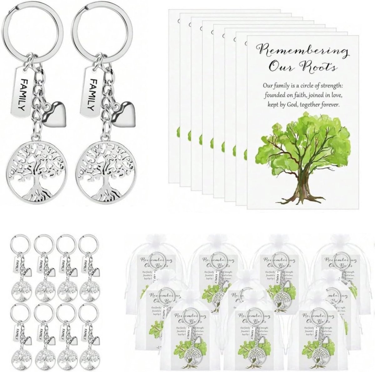 SnelShoppen - 24 stuks levensboom sleutelhangers set met kaarten en zakken - Perfect als cadeau voor housewarming, kerst, doop en familiebijeenkomsten