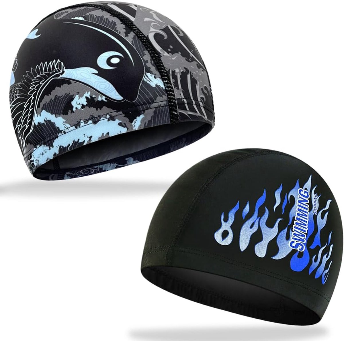 SnelShoppen - 2 Stuks Unisex Zwemcaps voor Volwassenen - Zachte Polyester Zwemhoed voor Mannen en Vrouwen - Donkerblauw, Grijs, Zwart met Blauwe Patro