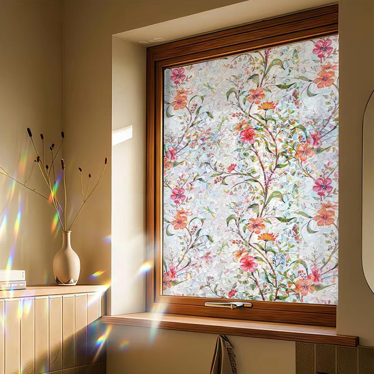 SnelShoppen - Stained Glass Film Raamfolie, Decoratieve Window Film met Regenboog Bloemen, Privacy voor Glasramen & Deuren, UV Warmteblokker, 45 x 200