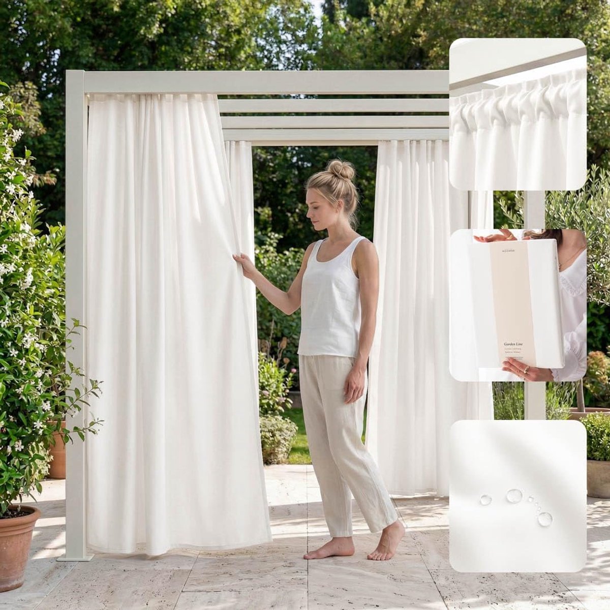 SnelShoppen - Outdoor Gordijn met Ruffles, 155 x 270 cm, Waterdicht, Weerbestendig, Privacy Bescherming, Zonnenscherm voor Tuin en Patio, Ecru, 1 stuk