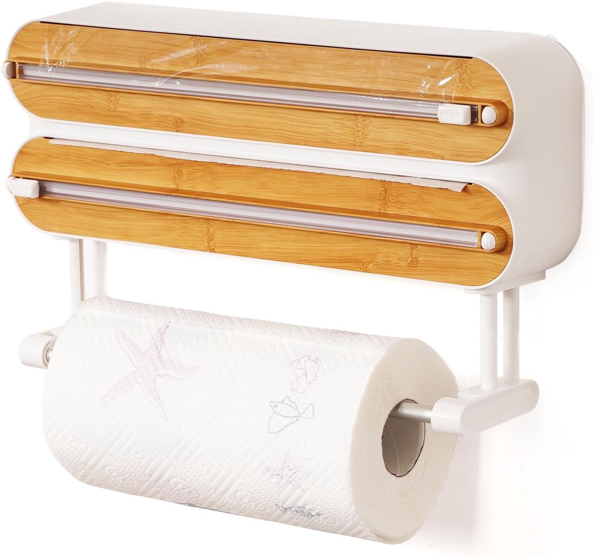 Thijox - Foliehouder en Aluminium Keukenrolhouder met Snijder, Muurbevestiging, Bamboe en Houten Afwerking, Voor Keuken, Camping en Feestjes