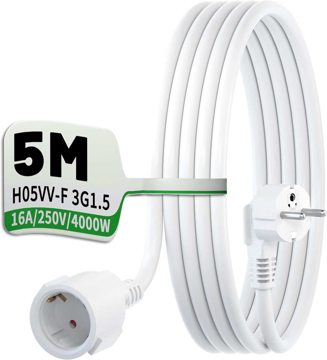 SnelShoppen - Verlengkabel 5 m Wit, H05VV-F 3G1,5, 90° Schuko met Knikbescherming, 16A/250V Stroomkabel voor Huishoudelijke Apparaten, Inclusief Kabel