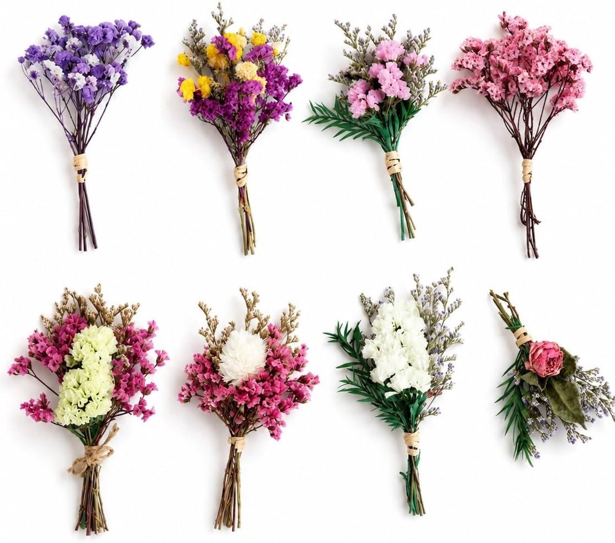 Verpakking met 10 mini-boeketten gedroogde bloemen voor scrapbooking en DIY, inclusief 2 wenskaarten voor bruiloften en creatieve geschenken.
