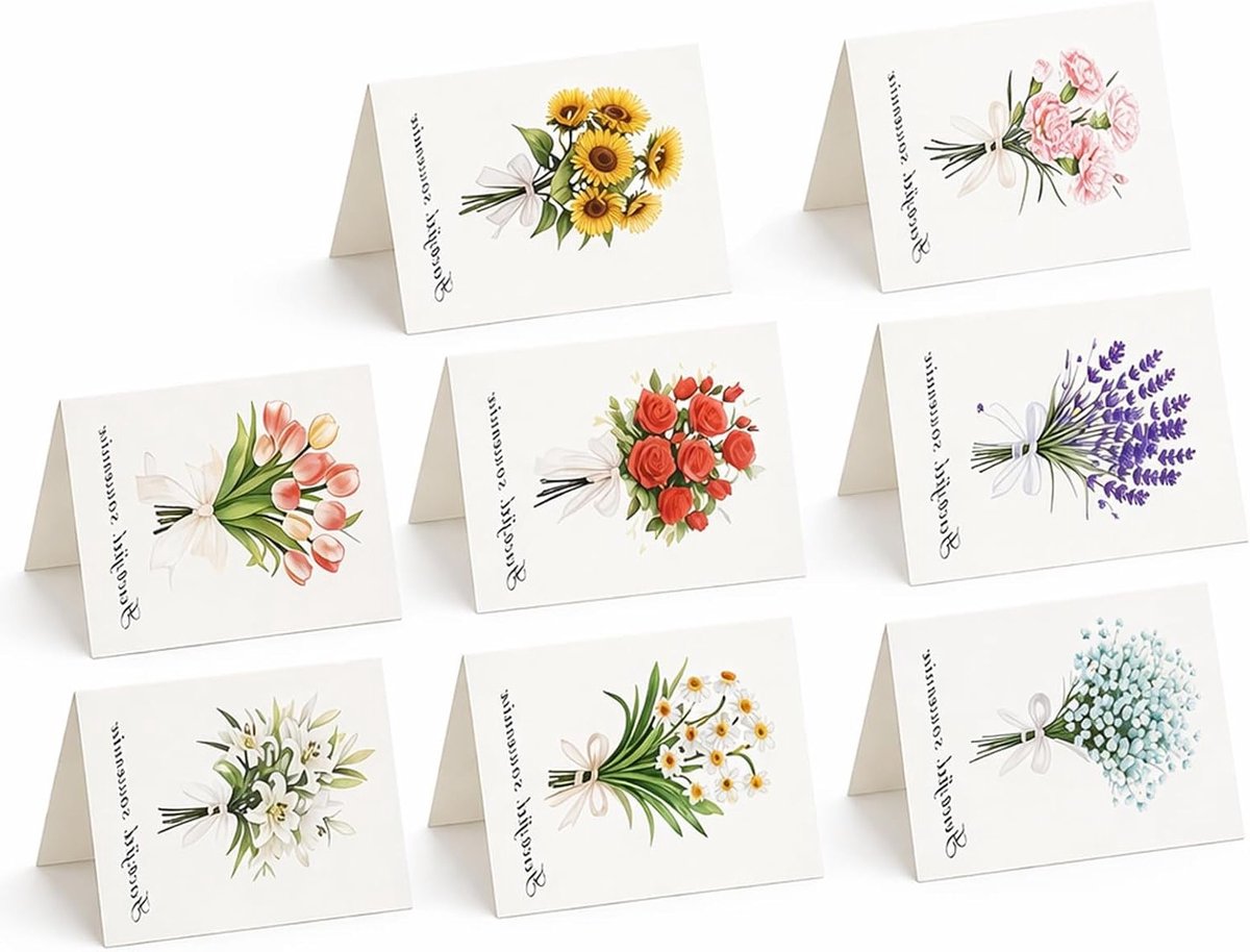 Bedankkaarten Set - Wenskaarten Bloemen - Persoonlijke Berichten - Aquarel Ontwerp - 8 Stuks - Multicolor