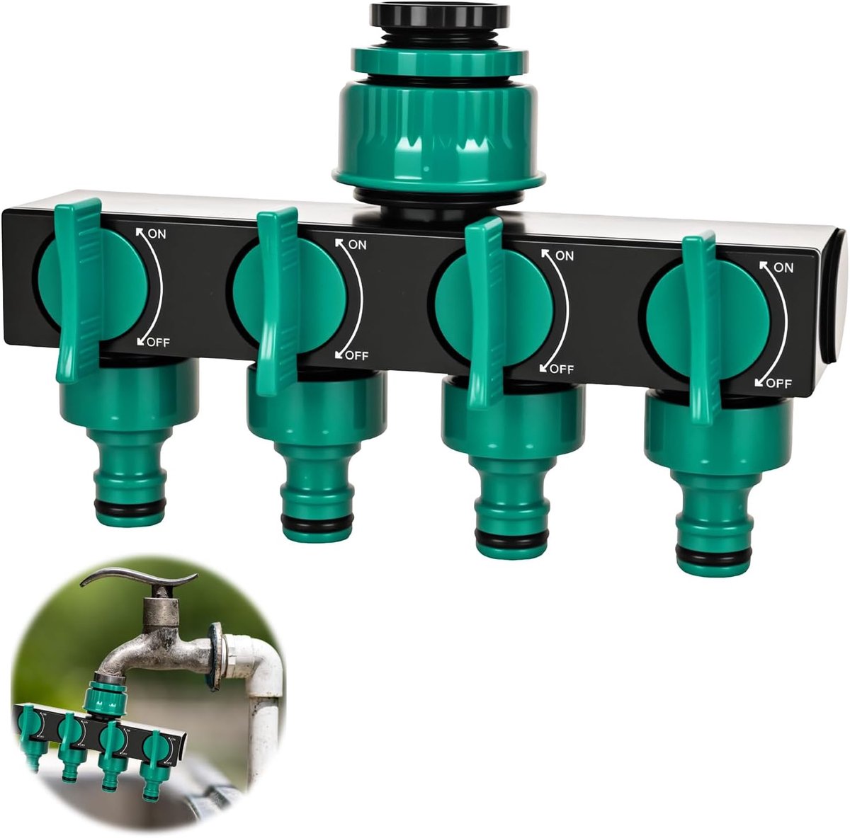 SnelShoppen - 4-weg waterverdeler met 3/4 inch en 1/2 inch aansluiting, tuin irrigatie verdeler met individuele afsluitkranen, hoogwaardig ABS materia