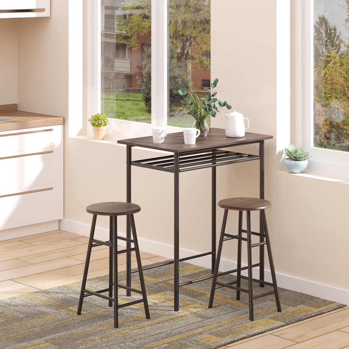 DESMIU Bartafelset 80 x 50 x 90 cm - 3-Delig Met 2 Barkrukken En Opbergrek - Voor Keuken En Eethoek - Metaal En MDF - Zwart