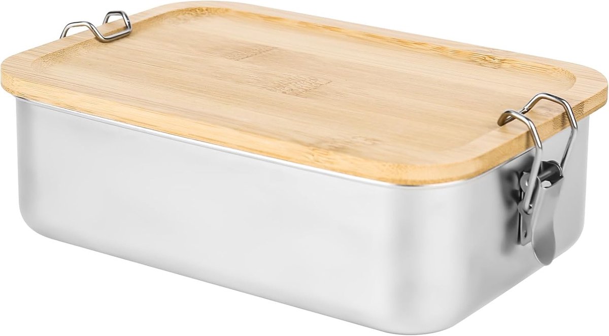 SnelShoppen - RVS Lunch Box 1400 ml met Houten Deksel - Duurzaam en BPA Vrij - Ideaal voor School, Werk, Picknick en Uitjes - Bento Box voor Volwassen