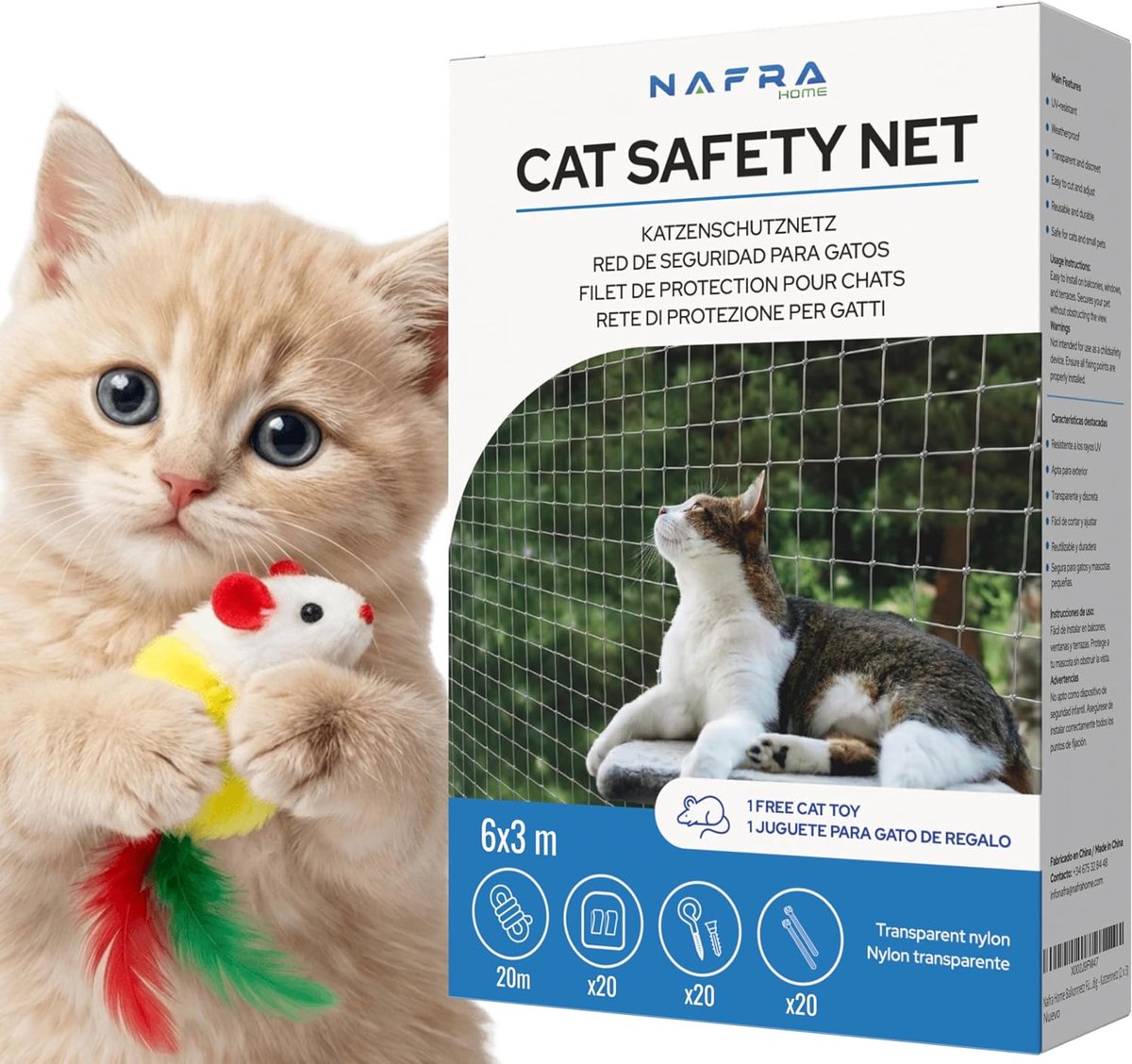 SnelShoppen - Cat Net Balkon - Transparant Veiligheidsnet voor Katten - UV Bestendig en Versterkt - Voor Raam, Terras en Tuin (6 x 3 m)