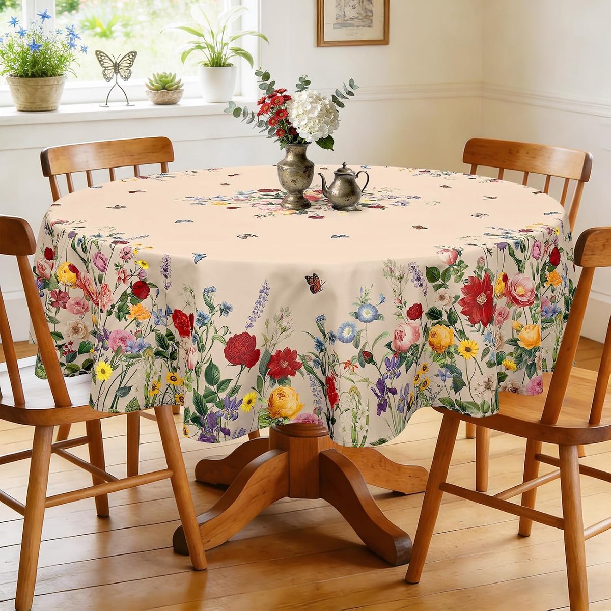 SnelShoppen - Vintage ronde bloementafelkleed, afwasbaar, waterafstotend polyester, 180 x 180 cm, ideaal voor keuken, tuin, feest, decoratie met wilde
