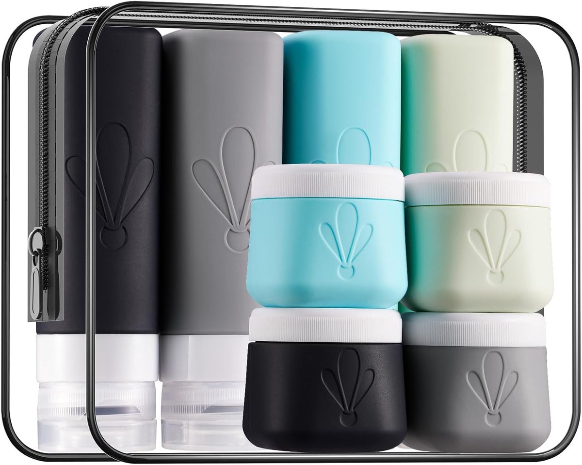 Thijox - Set van 8 TSA-goedgekeurde siliconen reisflessen 90 ml & 60 ml - Lekvrije cosmetica containers voor crèmes, lotions, shampoos - Ideaal voor r