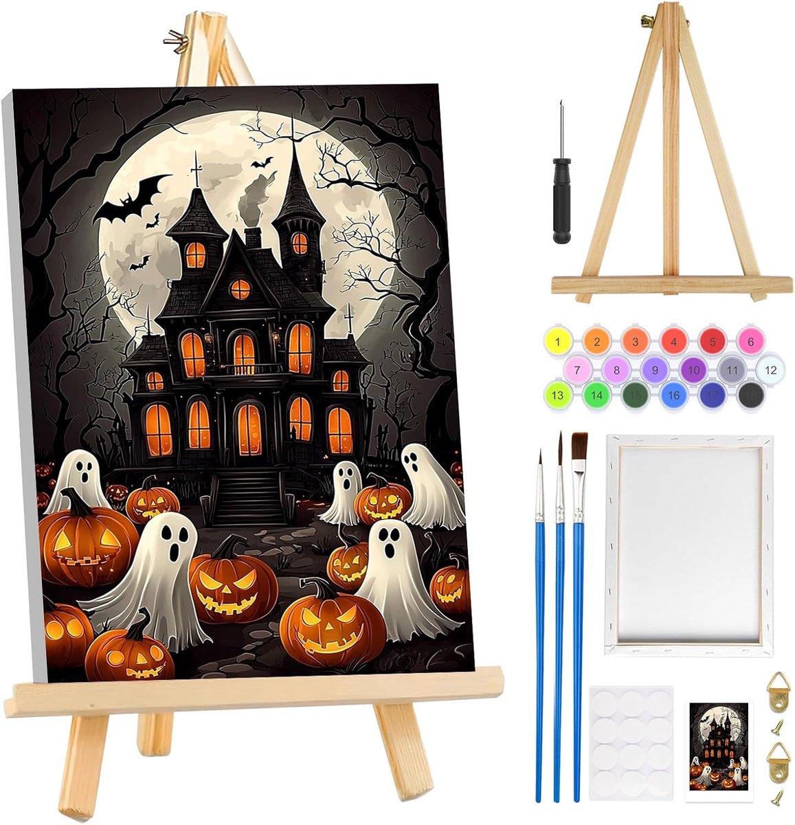 SnelShoppen - Halloween Ghost Castle Schilderen op Nummer Set voor Volwassenen met Houten Easel en Lijsten, DIY Olieverf Canvas Set voor Feestelijke D