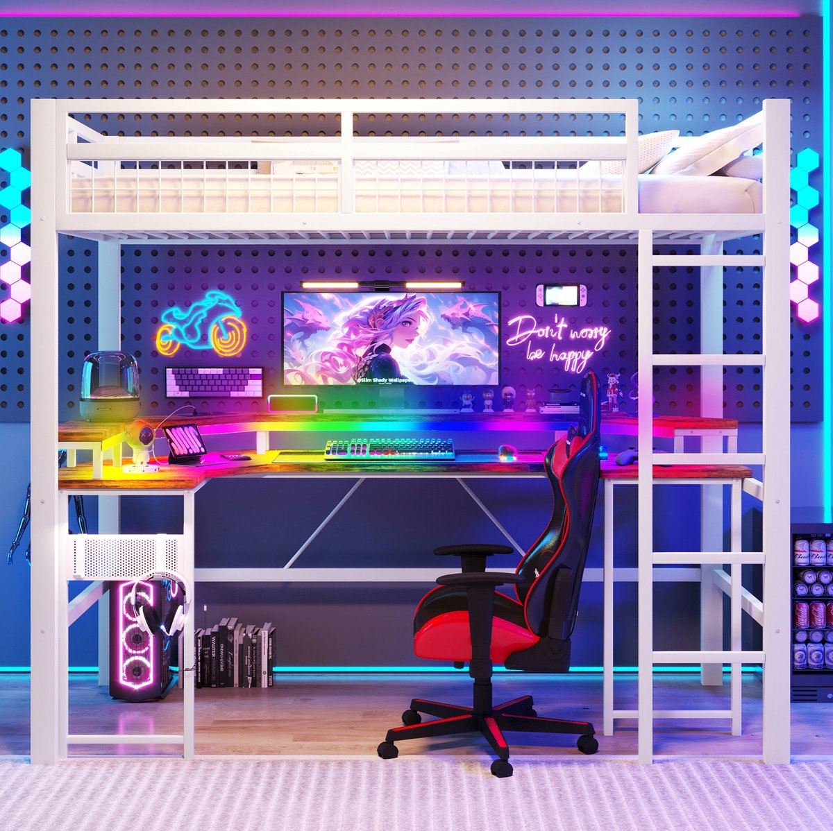 COVREO Hoogslaper 90x200 cm - met bureau, LED-lichtstrip, pegboard en USB-C, wit