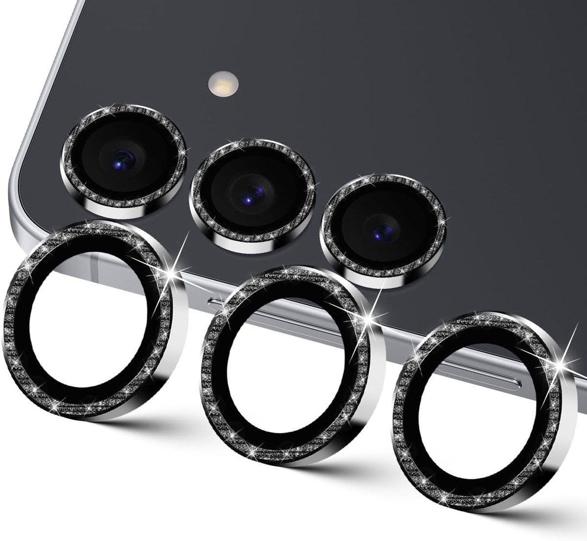 SnelShoppen - Glitter Camera Bescherming voor Samsung Galaxy S25 FE - Bling Aluminium Legering Rand & Ultra HD 9H Gehard Camera Glas - Shiny Anti-Kras