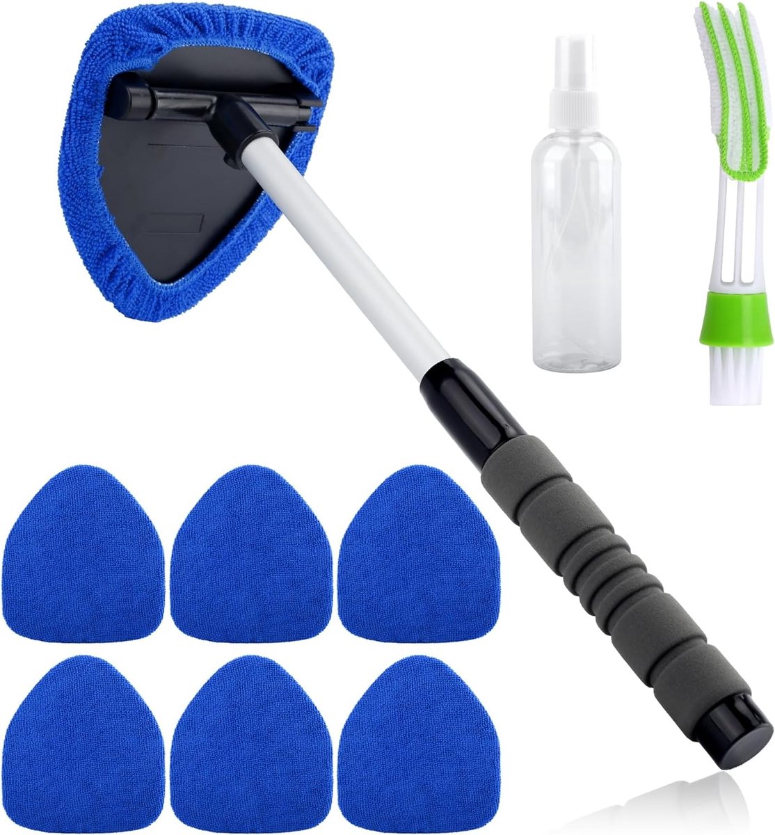 SnelShoppen - 9-delige autoreiniger set, auto raam schoonmaaktool, 180° draaibare uitschuifbare ruitreiniger met 6 herbruikbare microvezel pads, spray