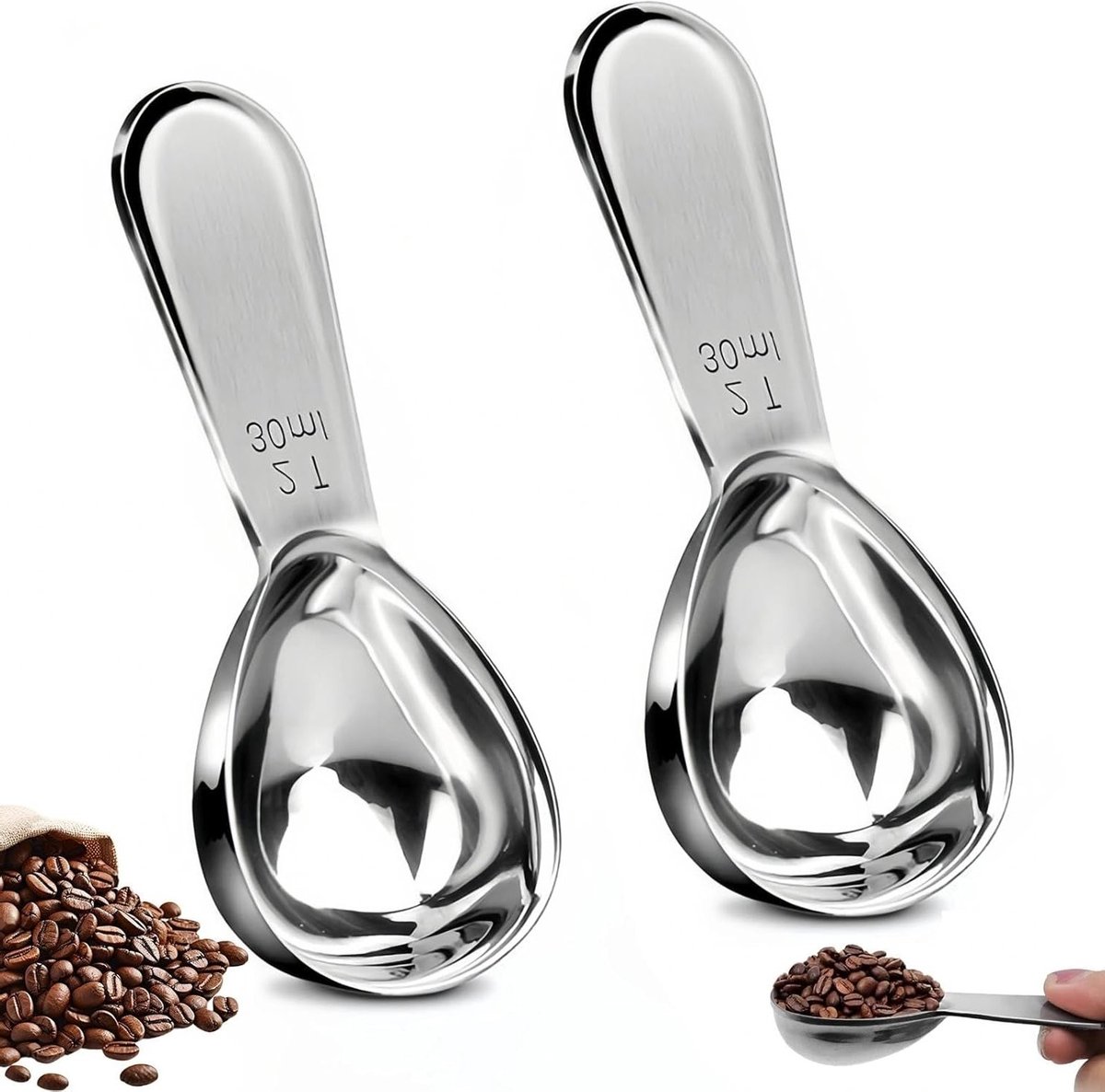 Koffiedoseerlepels 30 ml, 2 stuks roestvrijstalen maatlepels voor koffie en eiwitpoeder, handige portioneerder met handvat, ideaal voor koffie en melkpoeder