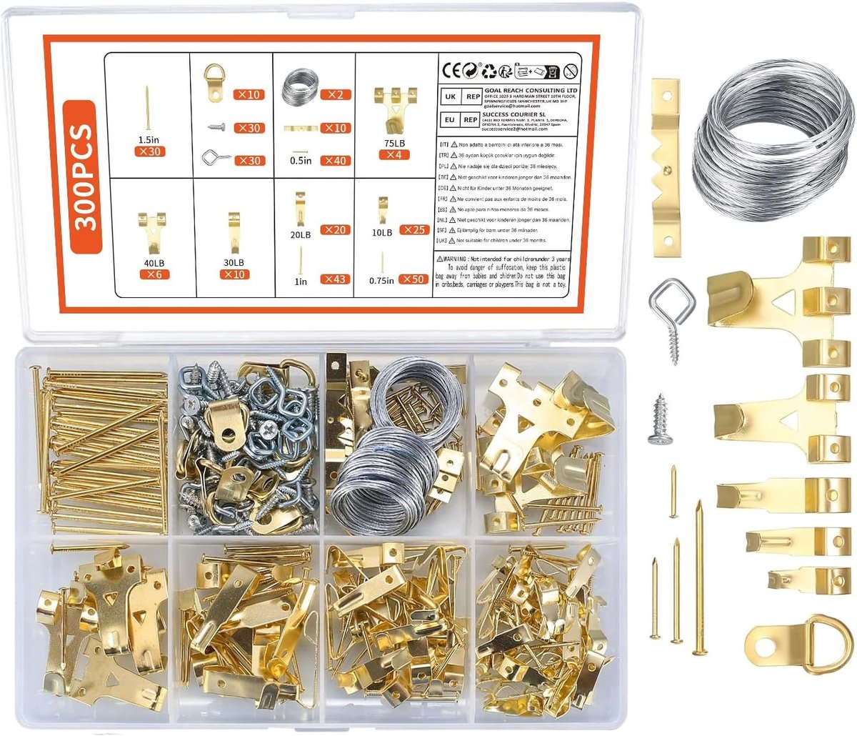 SnelShoppen - Bilderhaken Hanging System Set - 300 Stuks Haken voor Foto's, Draad, Zaag Hangers, Oogschroeven, D-Ringen, Stalen Haken & Spijkers voor