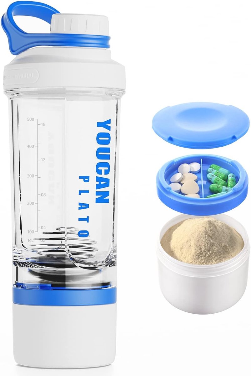 SnelShoppen - Protein Shaker 620 ml met Poeder Compartiment en Bal - BPA Vrij, Tritan, Afwasmachinebestendig - Perfect voor Sport, Fitness, Camping en